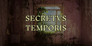 Janela em uma sala destruída. Na frente, as palavras "Secretus temporis"
